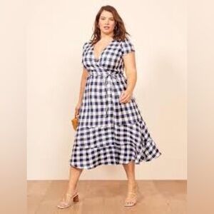 Reformation Navy and White Gingham Midi Dress